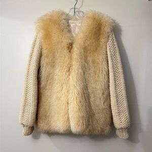 VINTAGE THICK SHEEPSKIN JACKET 100% WOOL KNIT SLEEVES, WOOD TOGGLE CLOSURES